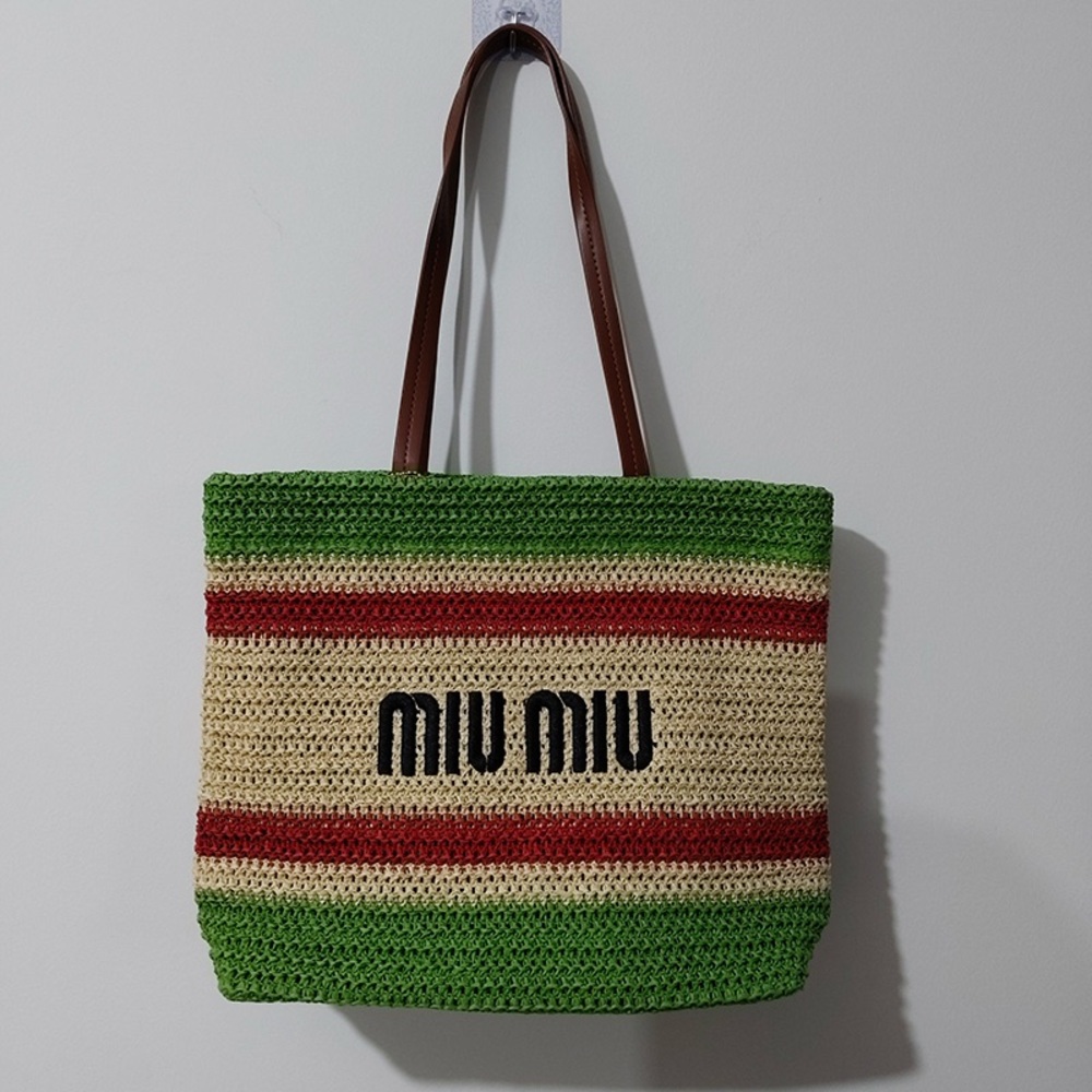 Miu Miu Embroidered Logo Straw Tote Bag